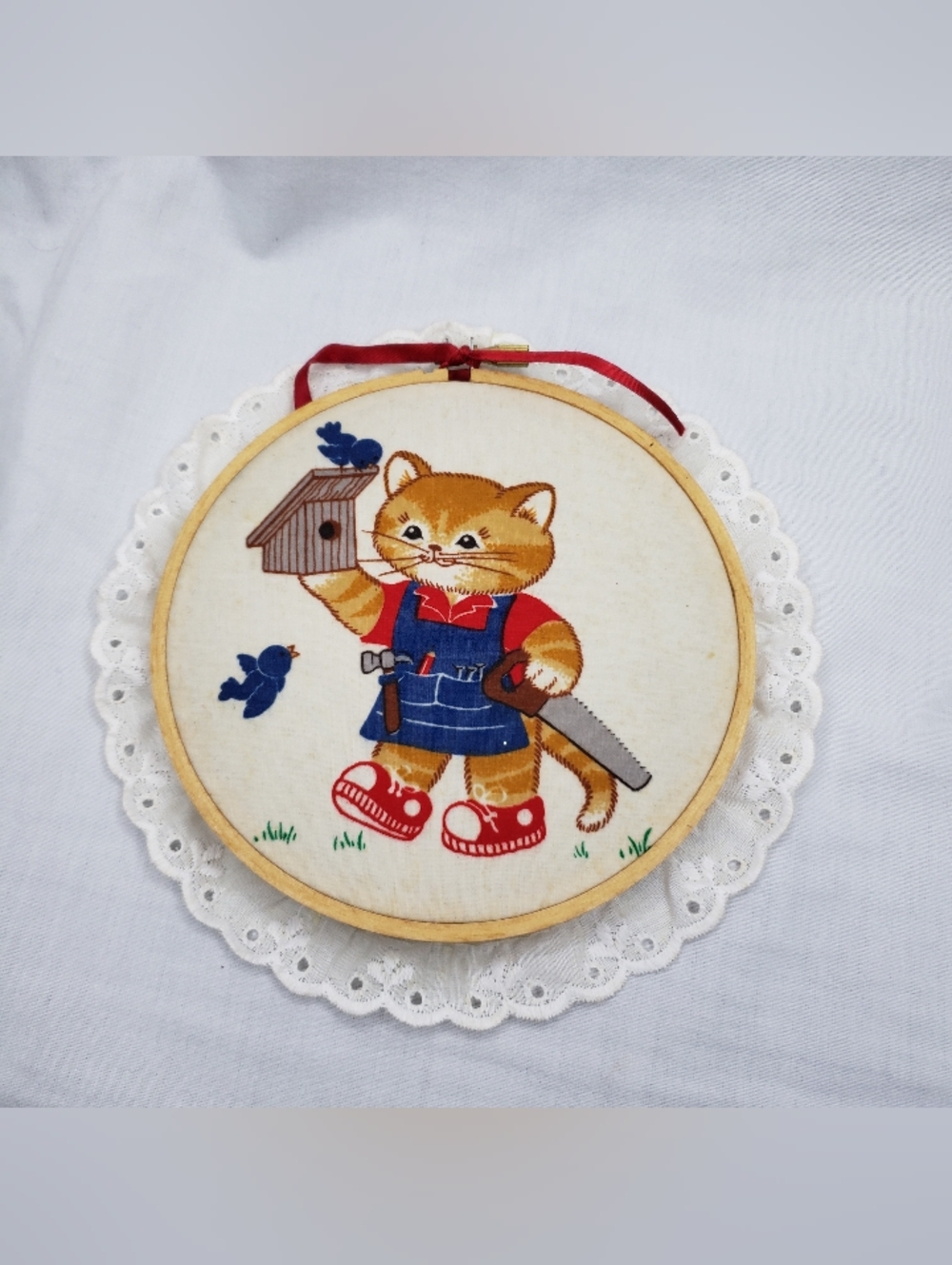 Small Vintage Kitty Cat Bird House Spring Hoop Wall Art